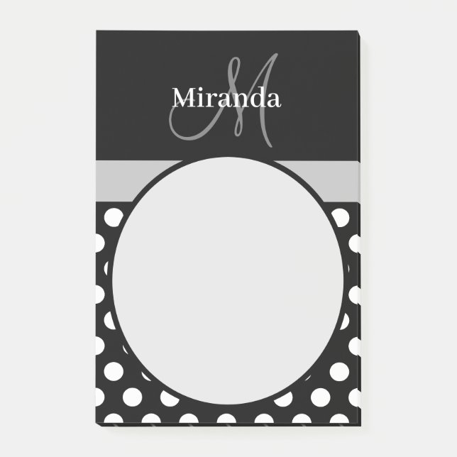 Gray Monogram Black White Polka Dot Post-it Notes (Front)