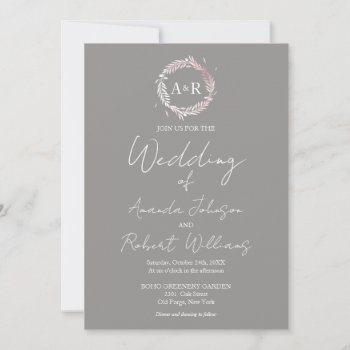 Gray Monogram Calligraphy Photo Wedding Invitation by LitleStarPaper at Zazzle