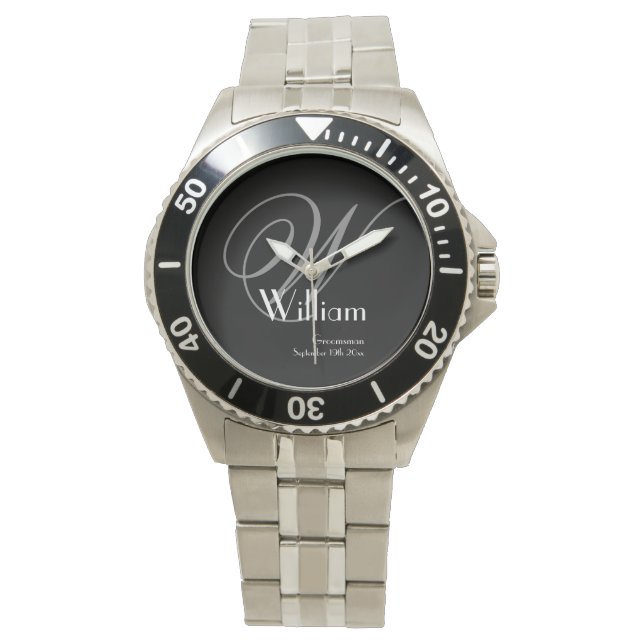 Gray Monogram & Details Charcoal Face Groomsman Watch (Front)