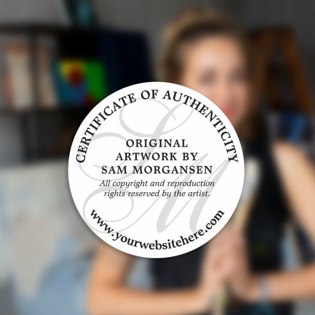 Gray Monogram Elegant Certificate of Authenticity Classic Round Sticker (Creator Uploaded)