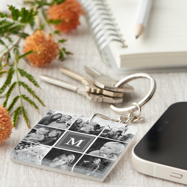 Gray Monogram Family Photo Collage Keychain (Front Right)