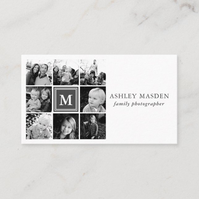 Gray Monogram Family Photo Collage Photography Business Card (Front)