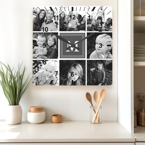 Gray Monogram Family Photo Collage Square Wall Clock