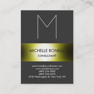 Gray monogram greeny yellow striped business card