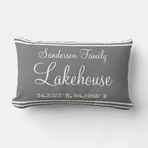 Gray monogram lakehouse Family name map coordinate Lumbar Pillow