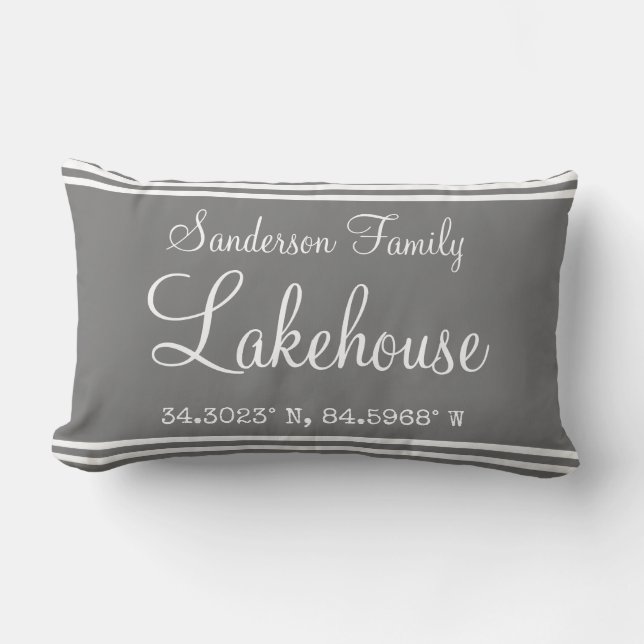 Gray monogram lakehouse Family name map coordinate Lumbar Pillow (Front)