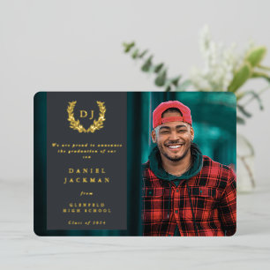 Gray Monogram + Laurel Graduation Announcement