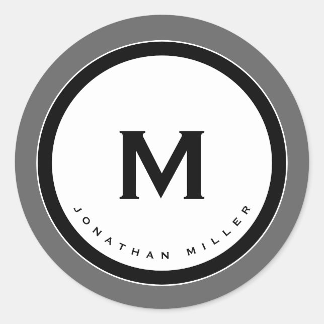 Gray Monogram Medallion with Initial & Name Classic Round Sticker (Front)