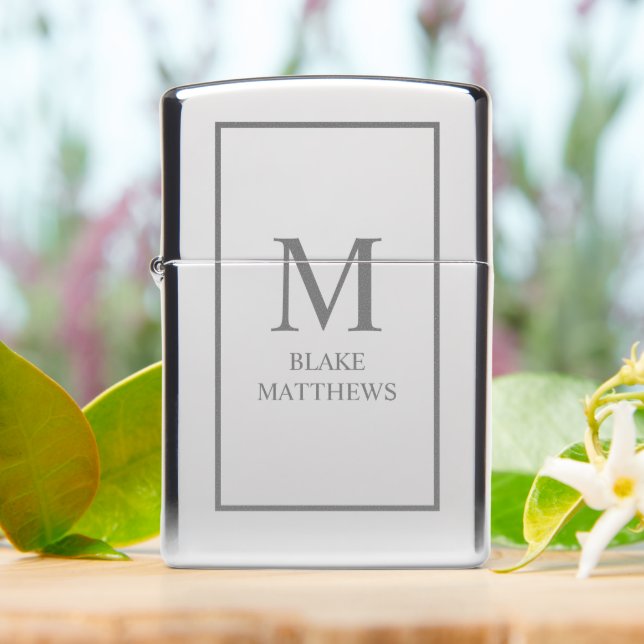 Gray Monogram & Name Custom Zippo Lighter (On Table)