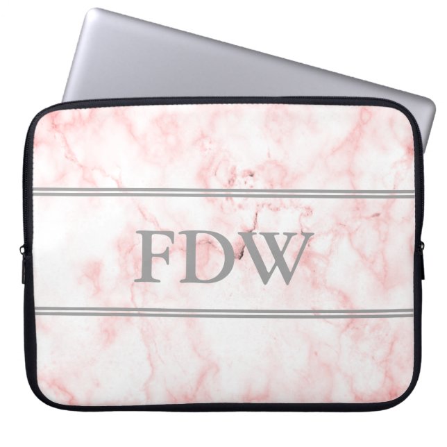 Gray Monogram on Faux Pink Marble Laptop Sleeve (Front)