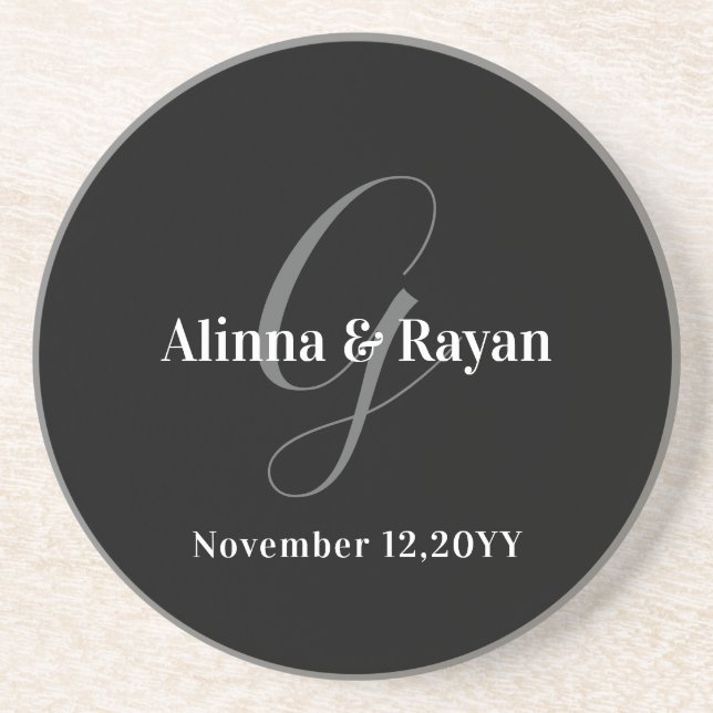 Gray Monogram Personalized Wedding Couple Design Coaster (Front)