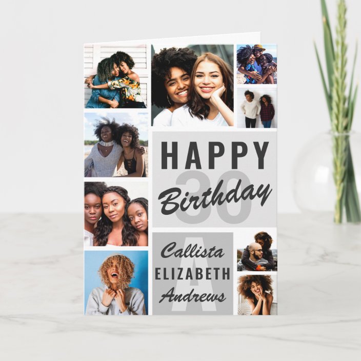 Gray Monogram Photo Collage Happy Birthday Card | Zazzle.com