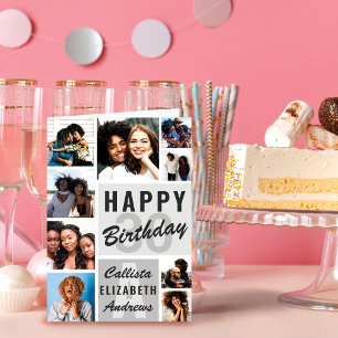 Gray Monogram Photo Collage Happy Birthday Card
