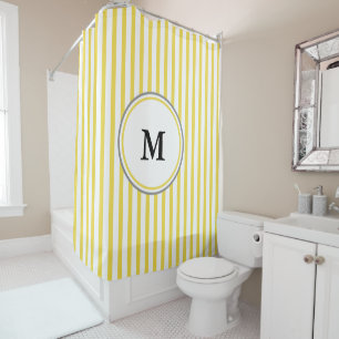 Gray Monogram Template on White and Yellow Striped Shower Curtain
