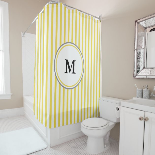 yellow and white striped shower curtain