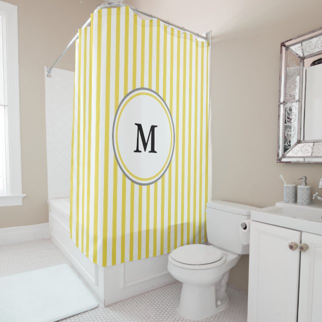 Gray Monogram Template on White and Yellow Striped Shower Curtain (In Situ)
