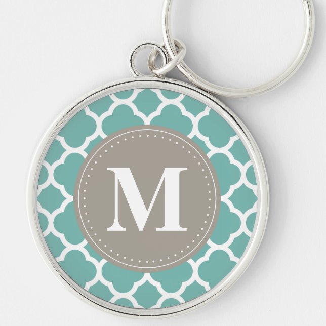 Gray Monogram Turquoise  Quatrefoil Pattern Keychain (Front)