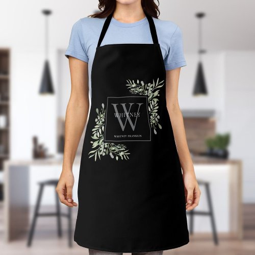 Gray Monogram Watercolor Greenery Leaves Black Apron