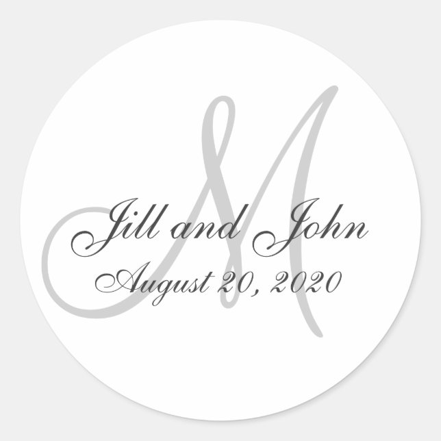 Gray Monogram Wedding Favor Sticker (Front)