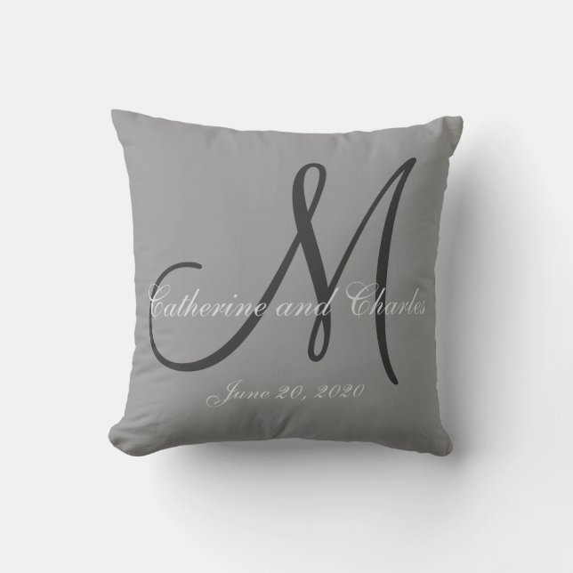 Gray Monogram Wedding Throw Pillow (Front)
