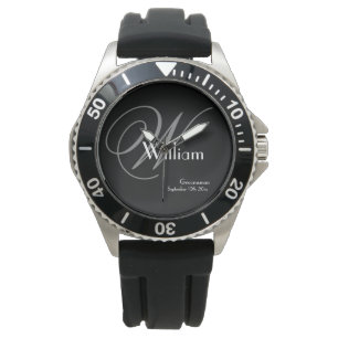 Gray Monogram White Name Classic Rugged Groomsman Watch