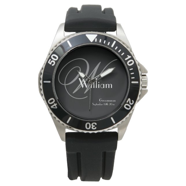Gray Monogram White Name Classic Rugged Groomsman Watch (Front)