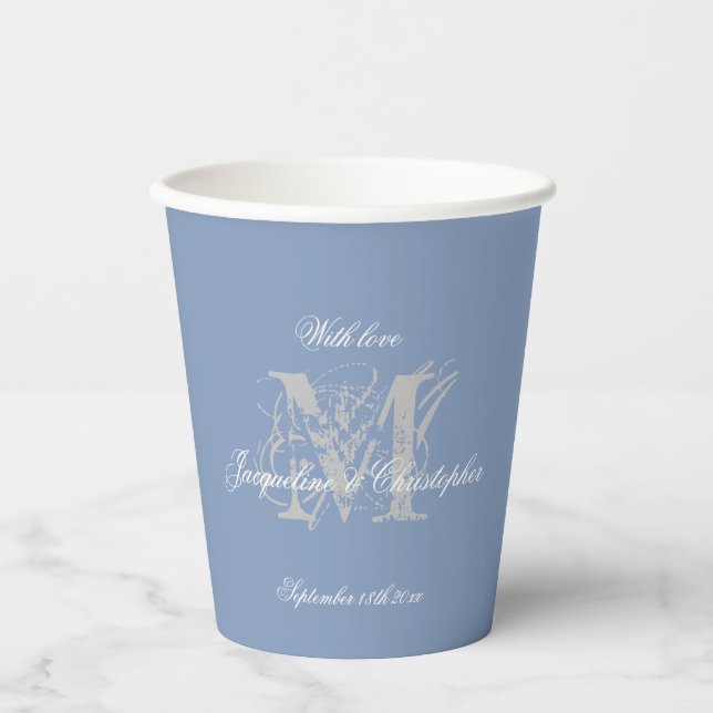 Gray Monogram White Script Dusty Blue Wedding Paper Cups (Front)