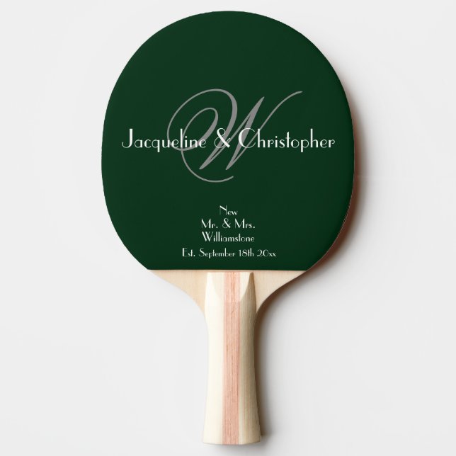 Gray Monogram White Script Names Newlyweds Green Ping Pong Paddle (Back)