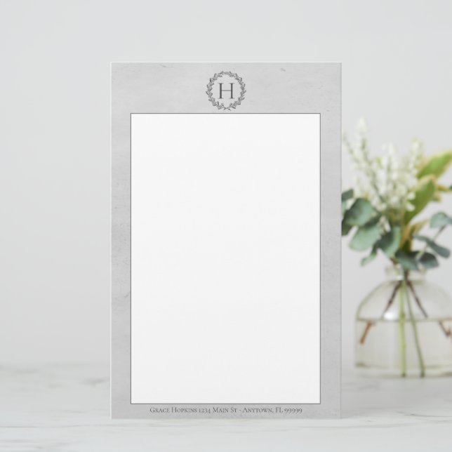 Gray Monogram Wreath Stationery (Standing Front)