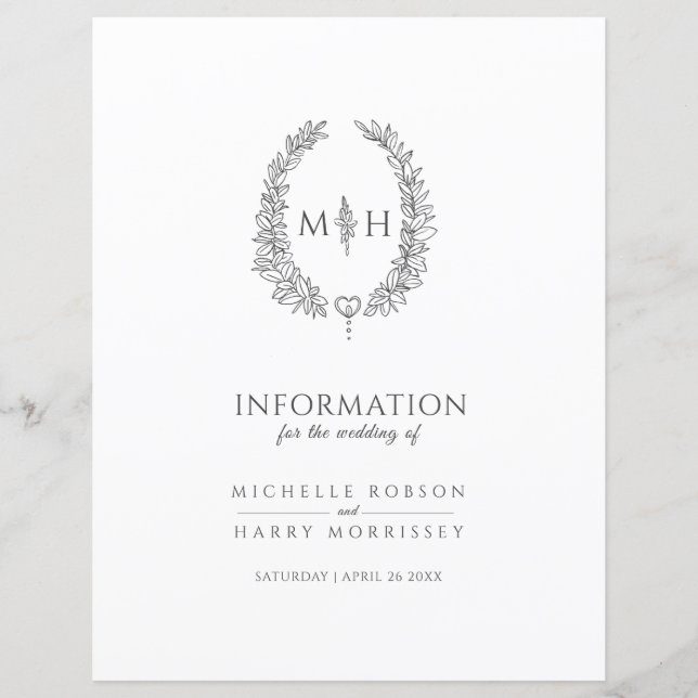 Gray monogram wreath wedding guest information (Front)
