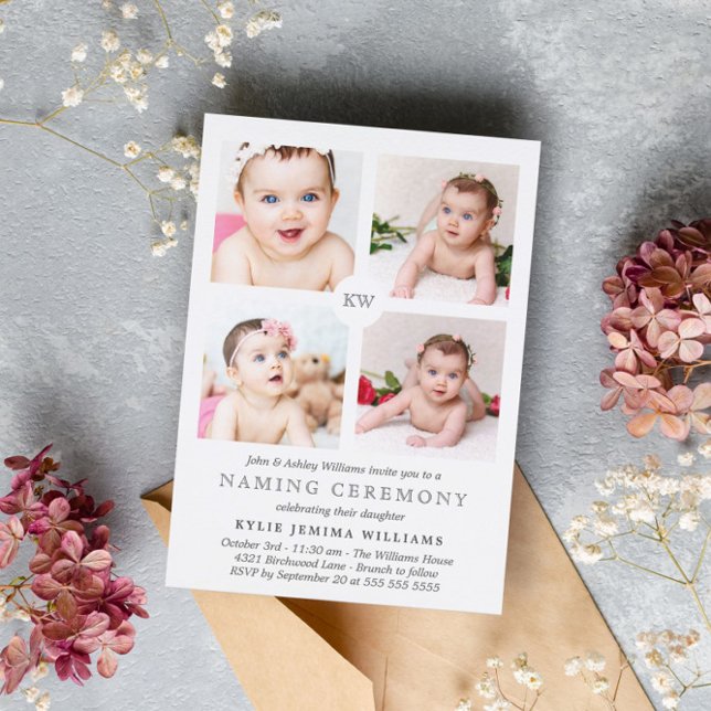 Gray Monogrammed Photo Collage Naming Ceremony Holiday Card (Creator Uploaded)