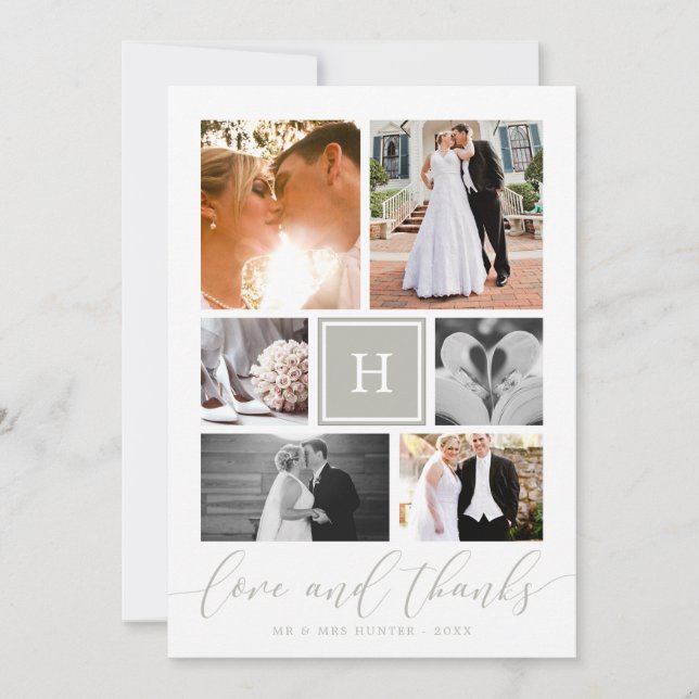 Gray Monogrammed Wedding Photo Collage Thank You (Front)