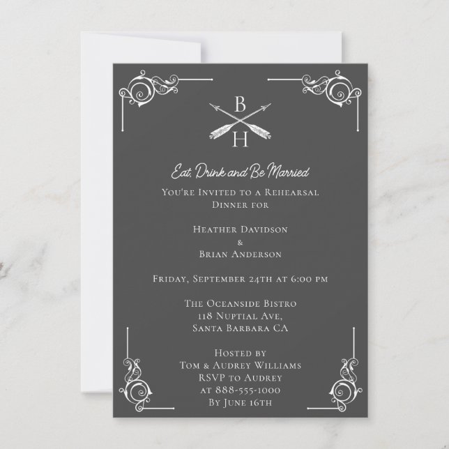 Gray Monograms and Arrows Rehearsal Dinner Invitation (Front)