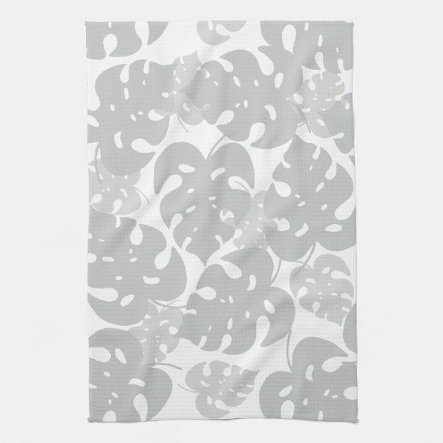 Gray monstera leaf pattern kitchen towel (Vertical)