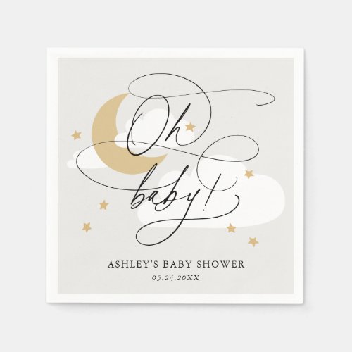 Gray Moon and Stars Script Oh Baby Shower Napkins