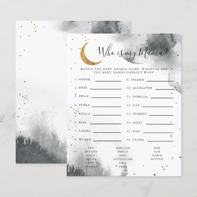 Gray Moon Who Is My Mama Baby Shower Game (Front/Back)