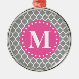 Gray Moroccan Lattice Pink Monogram Metal Ornament