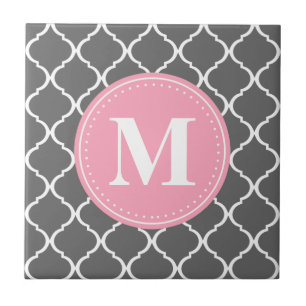 Gray Moroccan Lattice Pink Monogram Tile