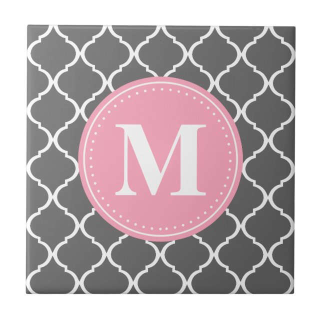 Gray Moroccan Lattice Pink Monogram Tile (Front)