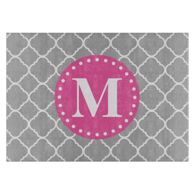 Gray Moroccan Quatrefoil Pattern Pink Monogram Cutting Board (Front)