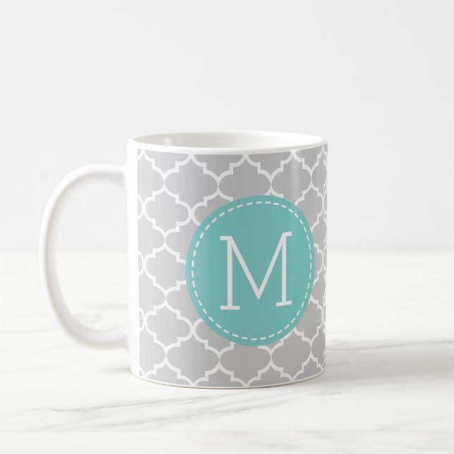 Gray Morocco Quatrefoil Pattern w/ monogram Coffee Mug (Left)