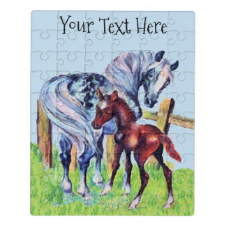 Gray Mother Horse Brown Colt Fence Grass Jigsaw Puzzle