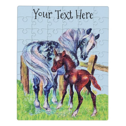Gray Mother Horse Brown Colt Fence Grass Jigsaw Puzzle
