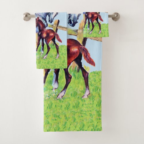 Gray Mother Horse by fence in Grass With Baby Colt Bath Towel Set