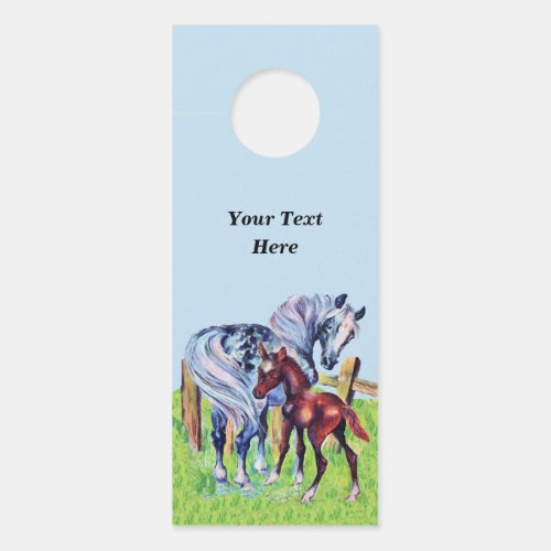 Gray Mother Horse Grass With Brown Colt Blue Sky Door Hanger