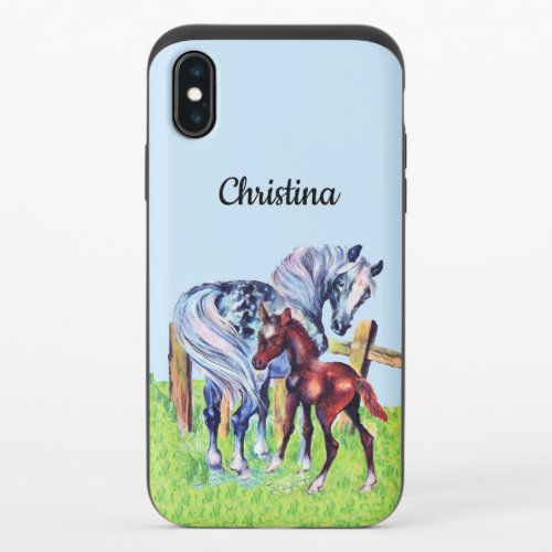 Gray Mother Horse in Grass Baby Colt Blue Sky iPhone X Slider Case