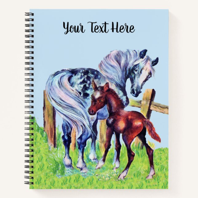 Gray Mother Horse With Brown Baby Colt Grass Fence Notebook (Front)