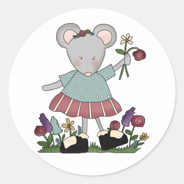 Gray Mouse in Flower Garden Classic Round Sticker (Front)