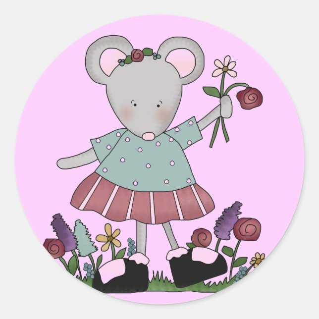 Gray Mouse in Flower Garden T-shirts and Gifts Classic Round Sticker (Front)