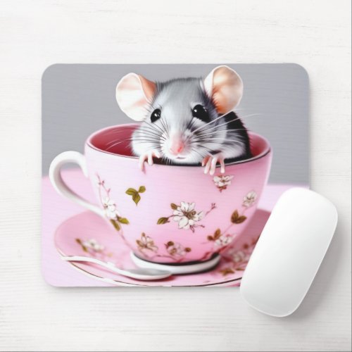 Gray Mouse In Teacup Mouse Pad